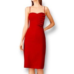 Black Halo 12 Red Midi Bodycon Sheath Dress Ruched Wedding Guest Spaghetti Strap